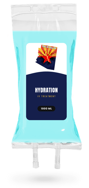 A light blue hydration drink pouch with a dark label and colorful leaf graphic.
