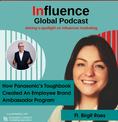 Podcast cover: A woman, Birgit Raes, smiles. It discusses Panasonic's Toughbook ambassador program. Text is red and teal.