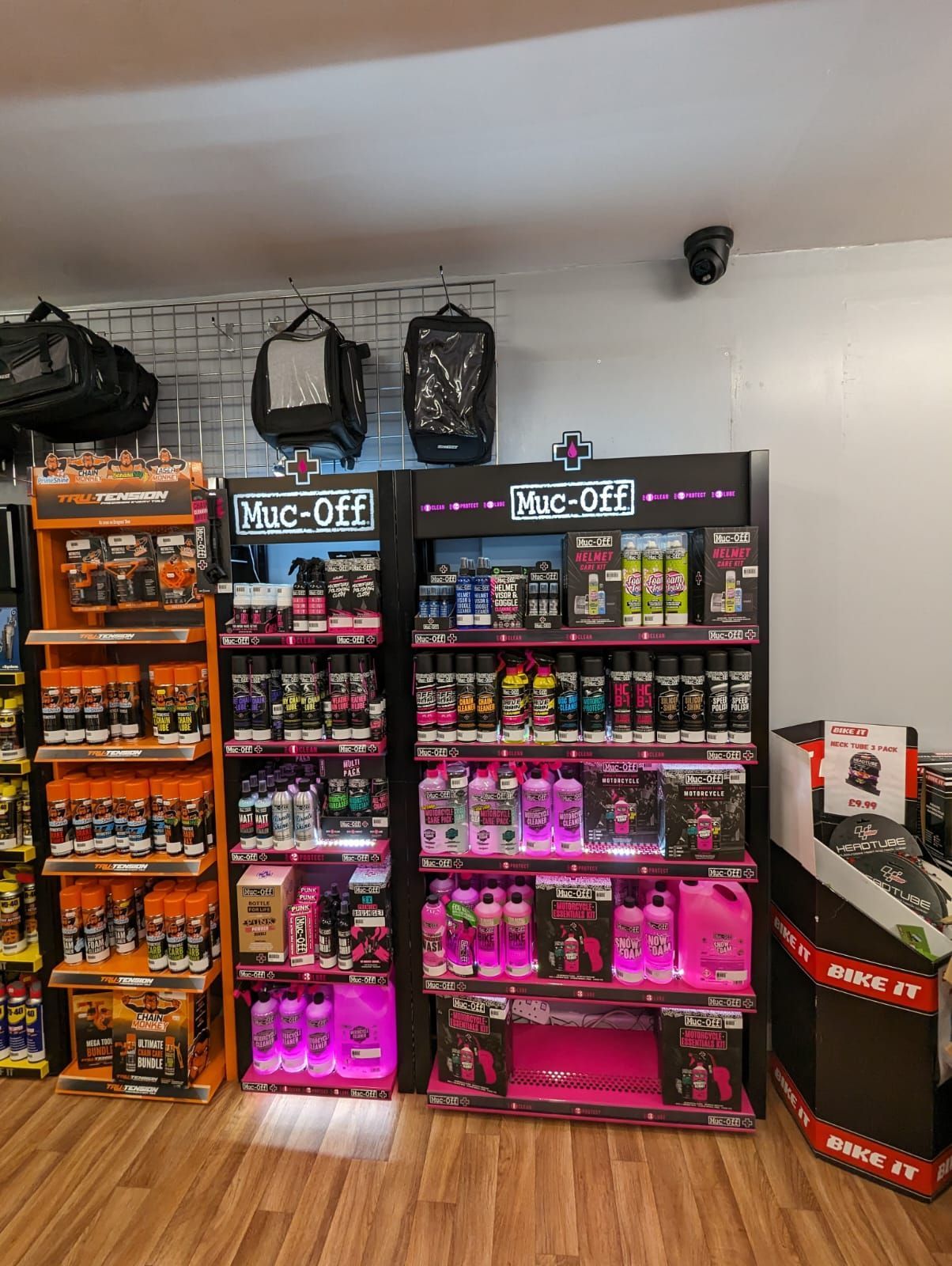 The Muc-Off motorcycle cleaning products stand inside the PML motorcycles shop
