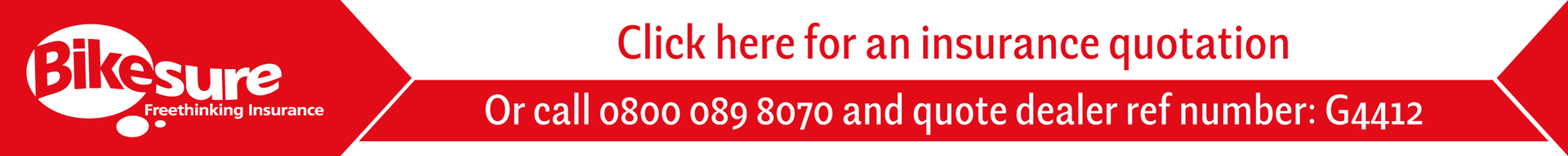 Red Bikesure banner with a call to get an insurance quote. Includes phone number and quote dealer number.