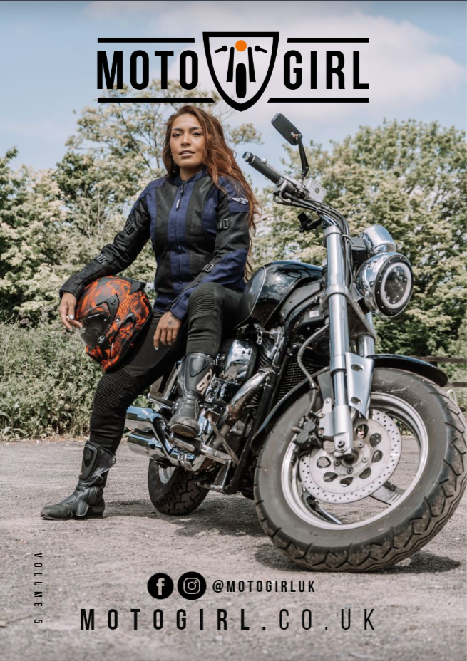 Woman in motorcycle gear sits on a black motorcycle, holding a helmet. The "Moto Girl" logo is at the top.