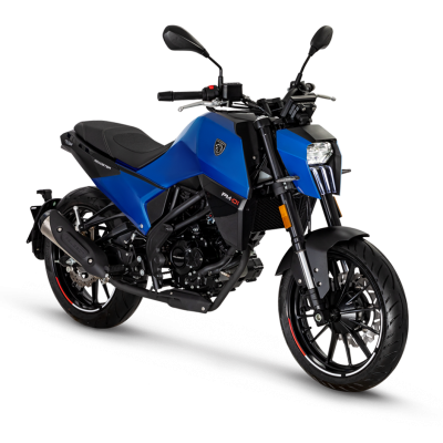 Blue motorcycle with black accents, parked outdoors, angled slightly right.