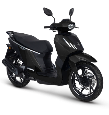 Black electric scooter with a sleek design, parked on a white background.