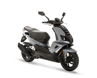 Gray Peugeot scooter, black seat, and wheels, on a white background.