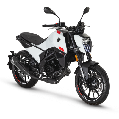 White and black motorcycle with red accents, angled against a white background.