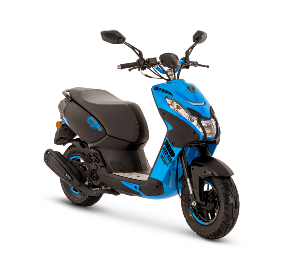 Blue and black scooter with a black seat and tires.