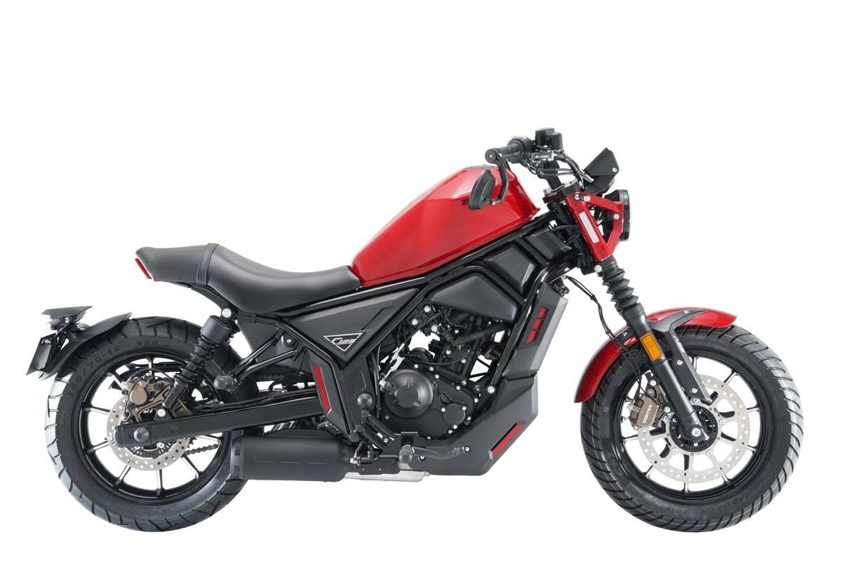 Red and black motorcycle on a white background.