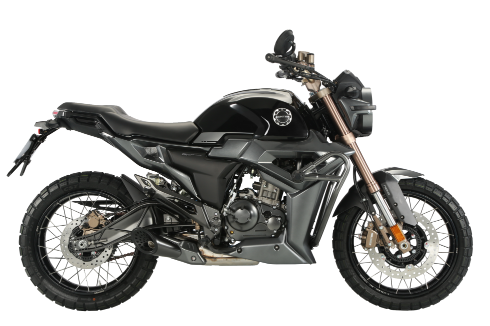 Black and gray Zontes motorcycle with a modern design, on a white background.