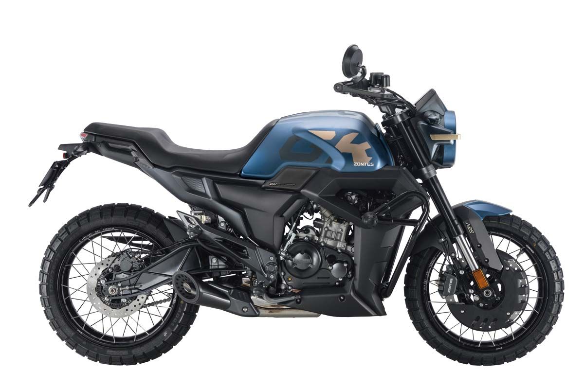 Blue and black Zontes motorcycle, side view. Features spoked wheels, upright handlebars, and a digital display.
