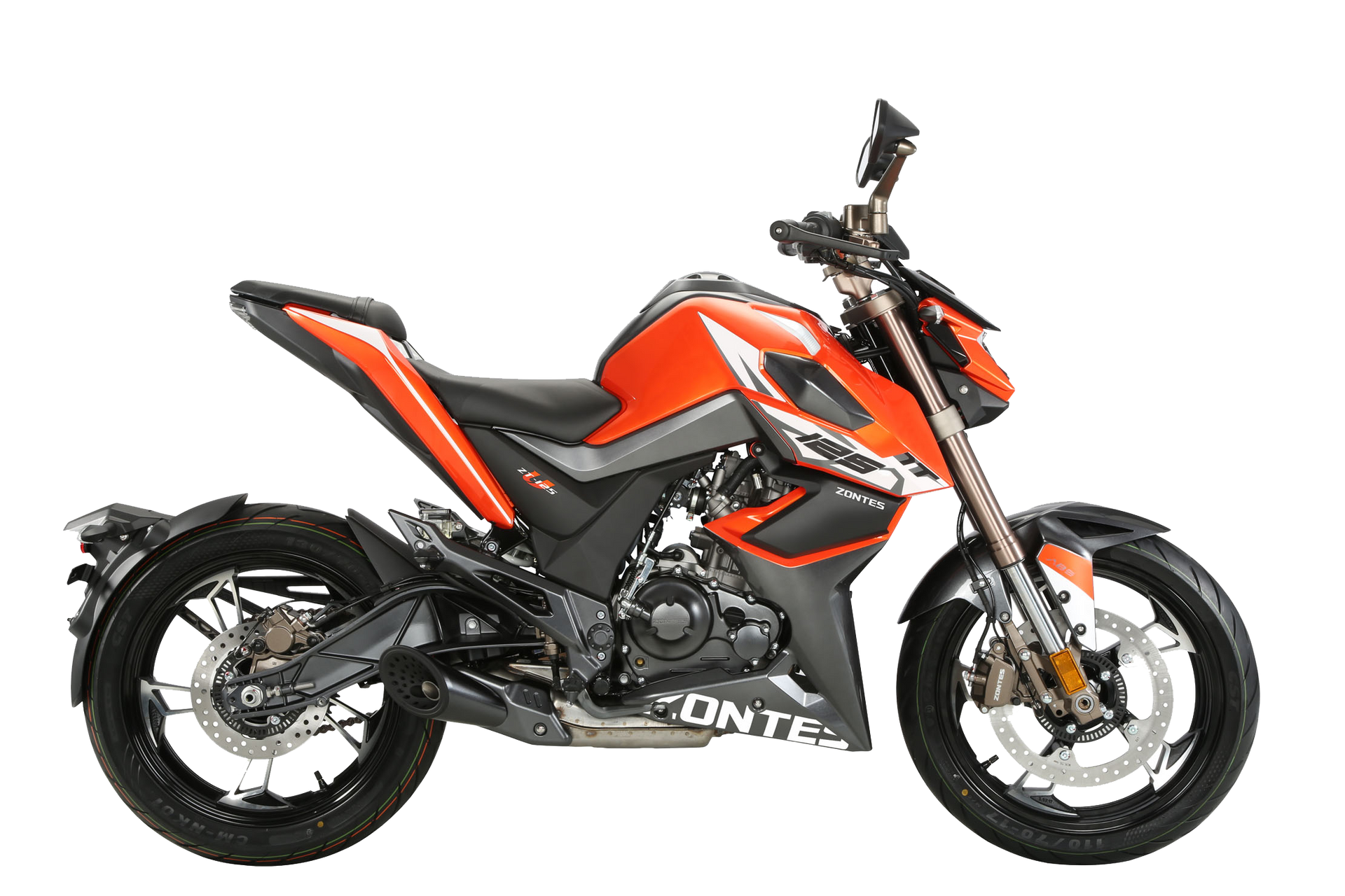 Orange and black Zontes motorcycle, side view.