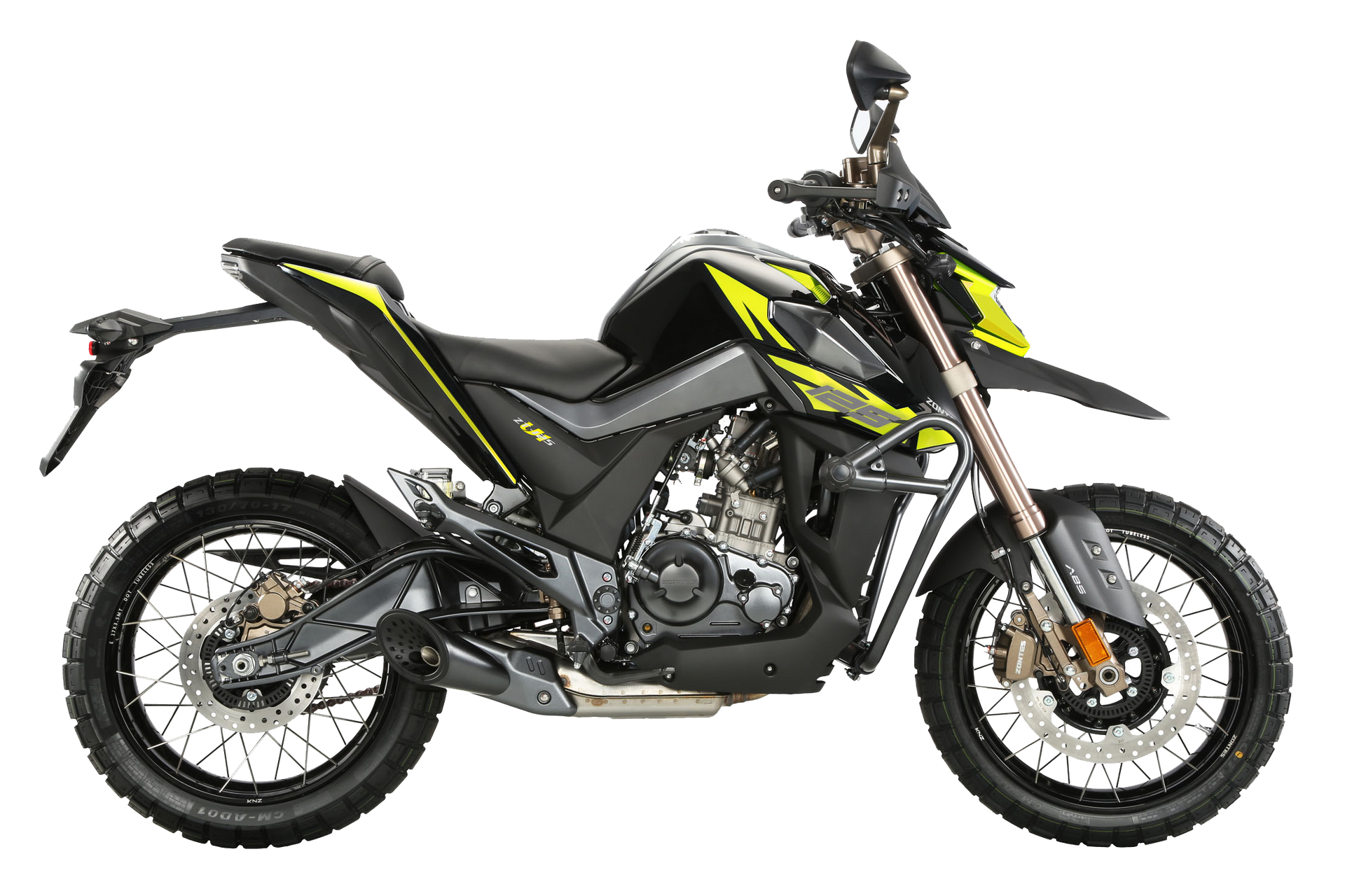 Black and neon yellow Zontes motorcycle, off-road style, on a white background.