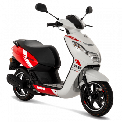 White and red Peugeot Kisbee scooter with black accents.