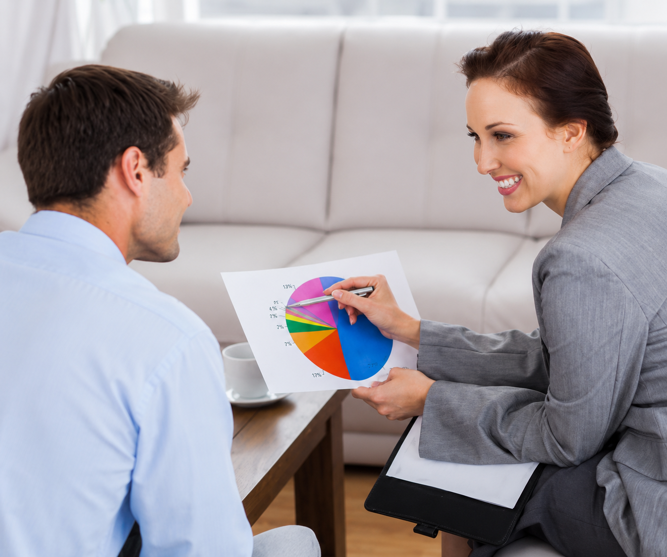 Two people reviewing a colorful pie chart in a bright living room.