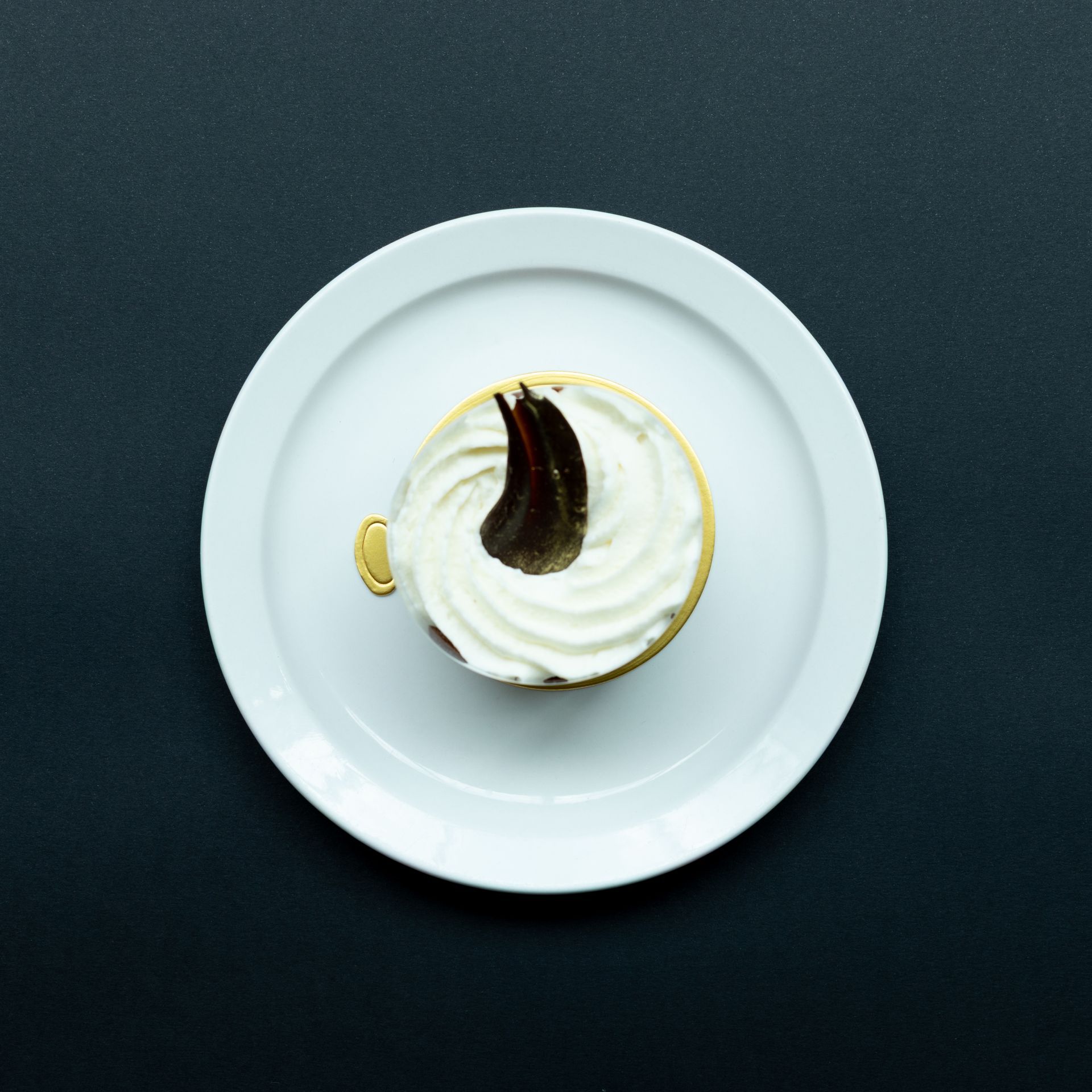 Small tart with white frosting and dark chocolate garnish on a white plate, dark background.