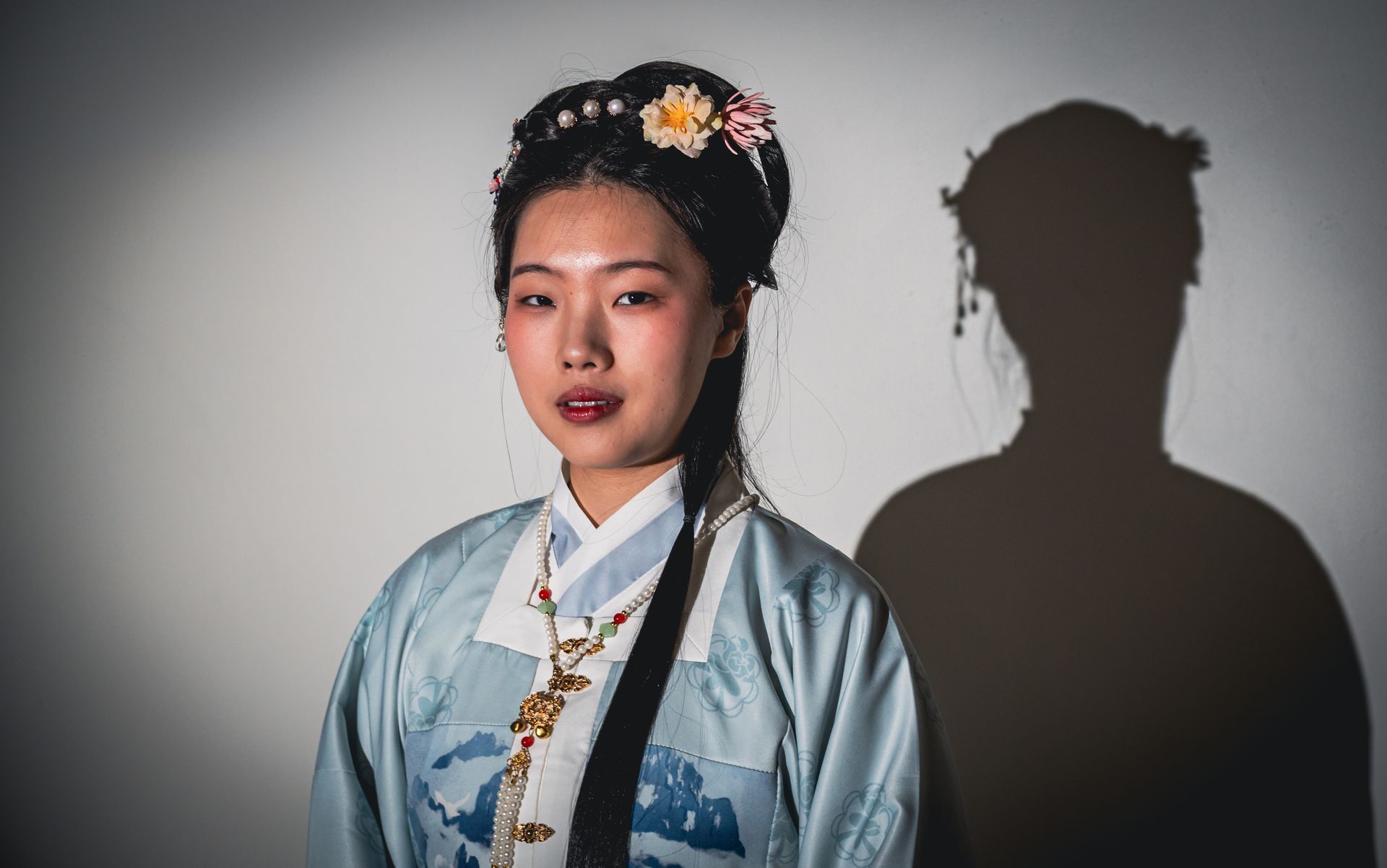 Woman in traditional blue attire, decorated hairstyle, with shadow on white background.