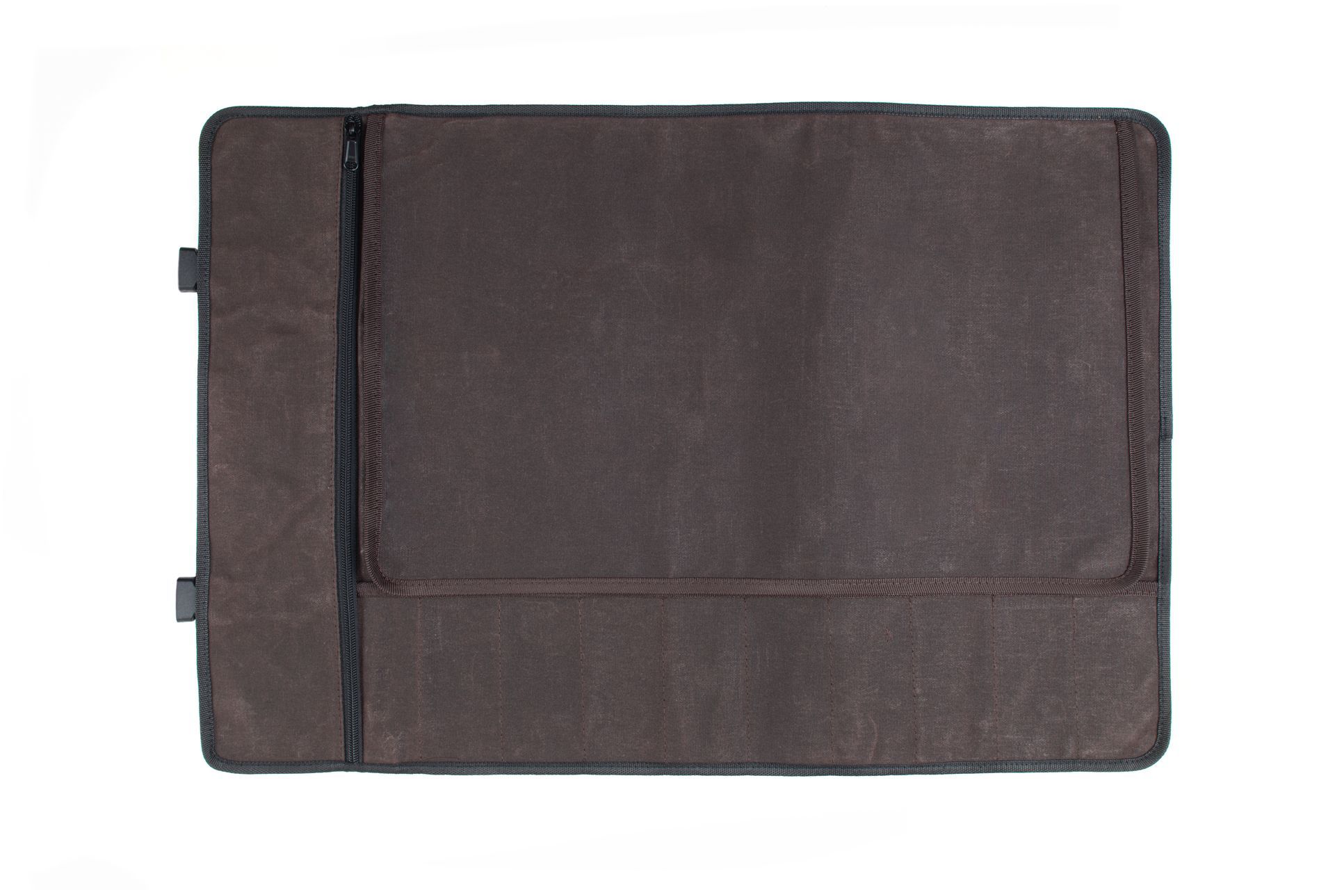 Brown fabric laptop case with black trim.