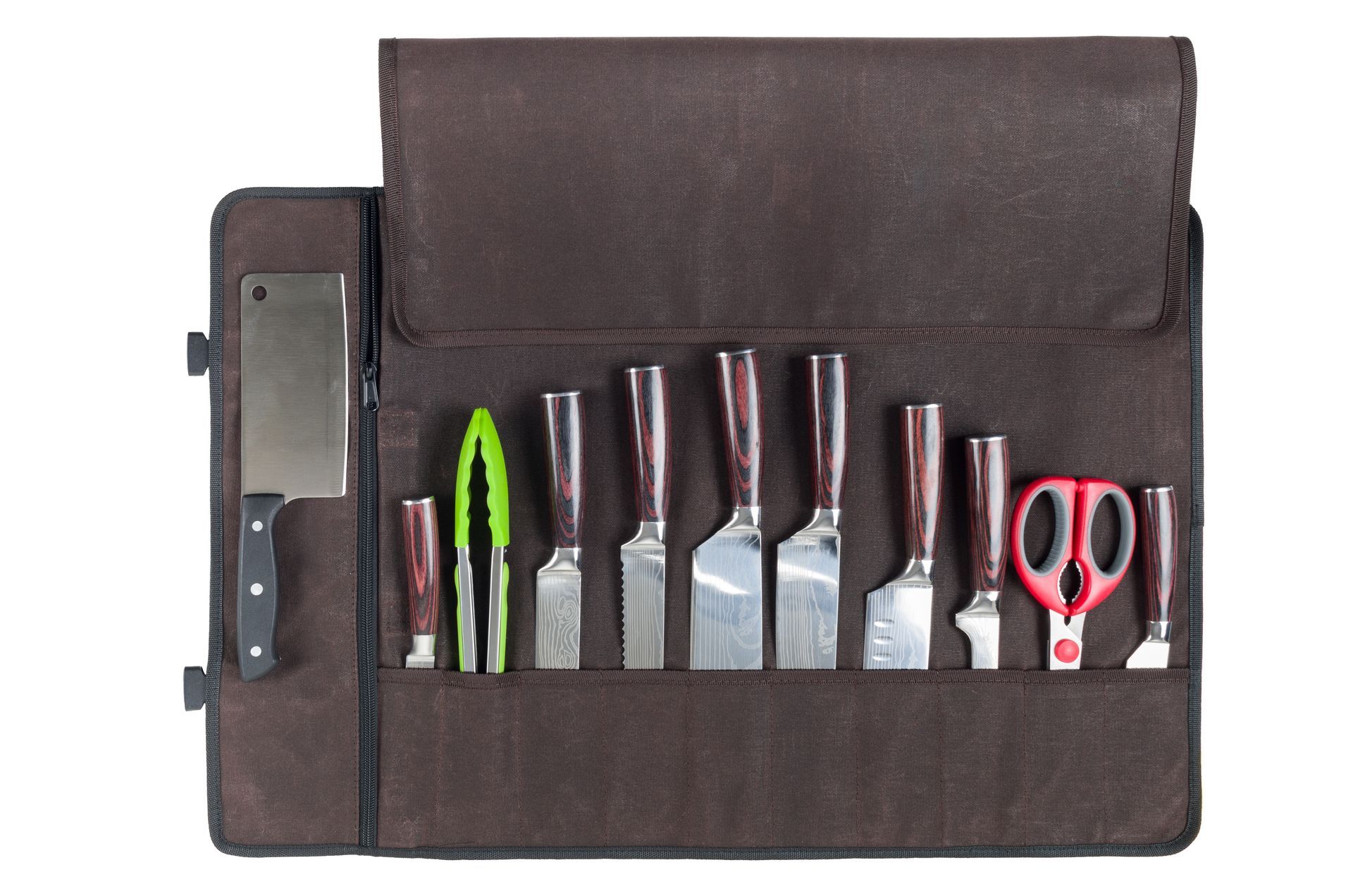Brown knife roll with a cleaver, tongs, various knives, and scissors.