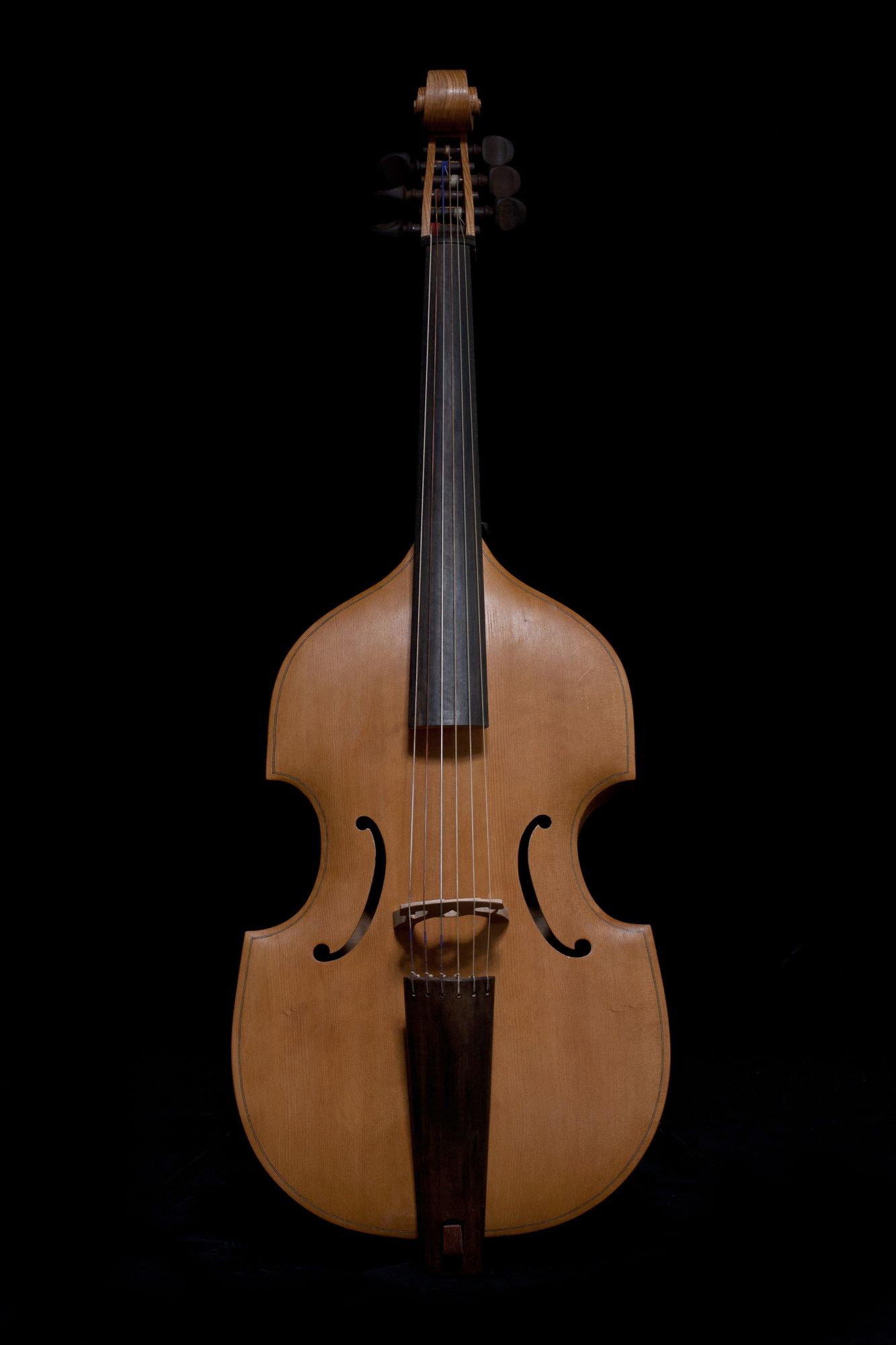 Tan viola da gamba with dark brown fingerboard and scroll against a black background.
