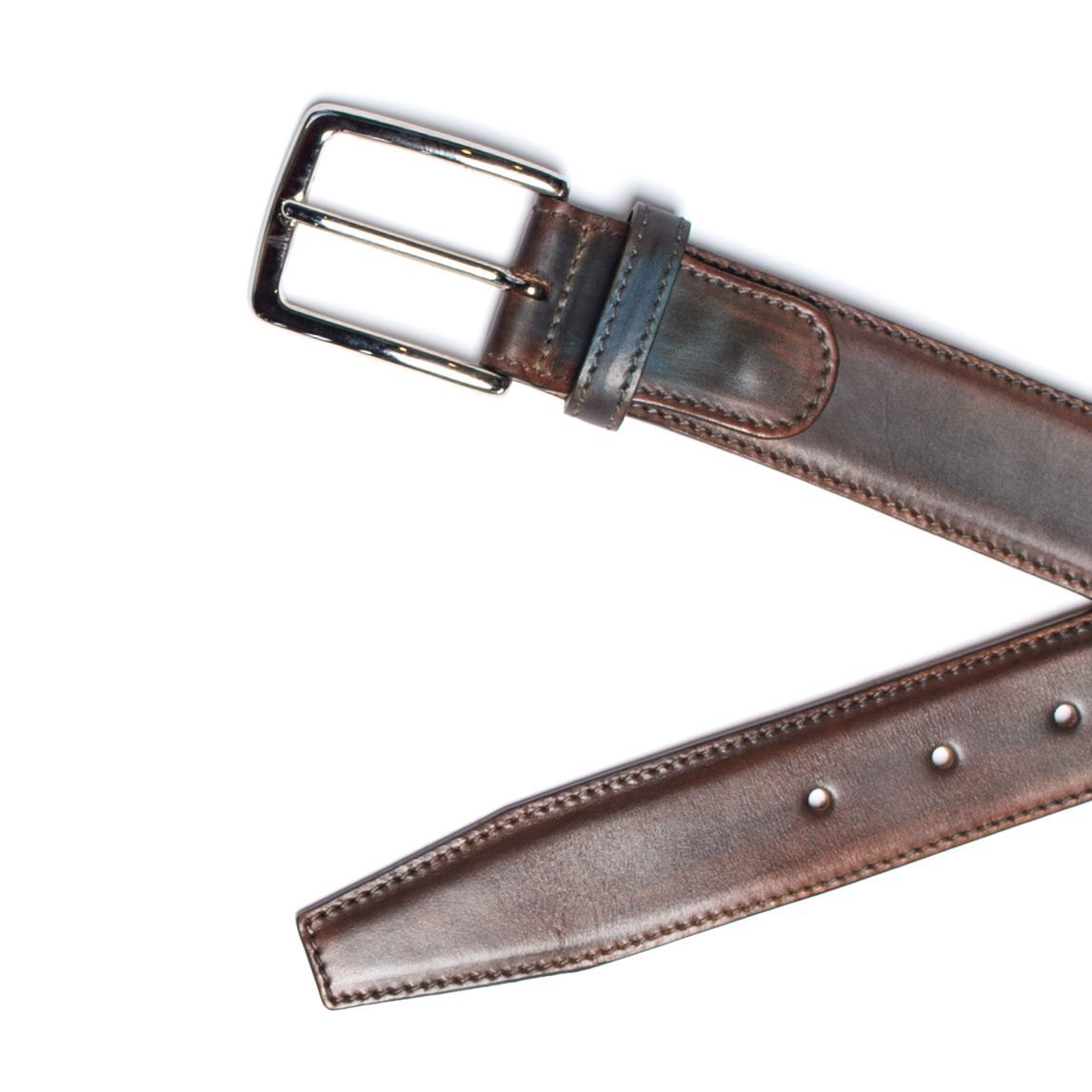 Brown leather belt with a silver buckle, on a white background.