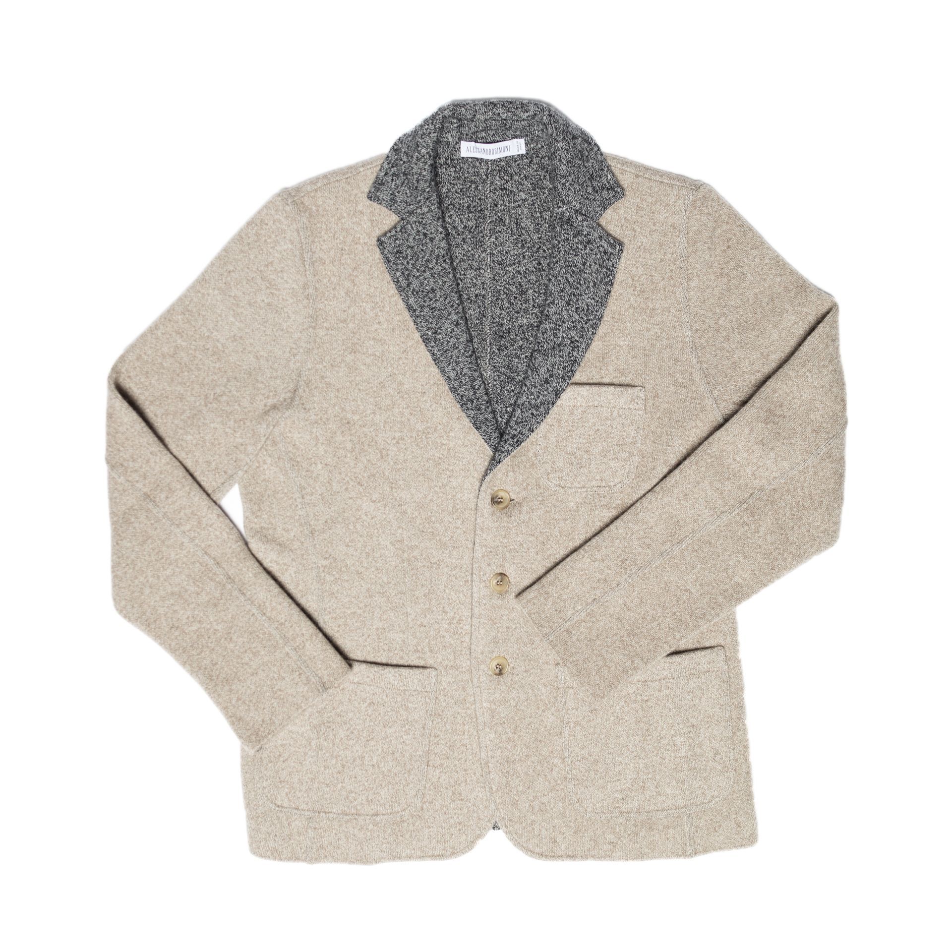 Beige blazer with a gray shawl collar and three buttons.