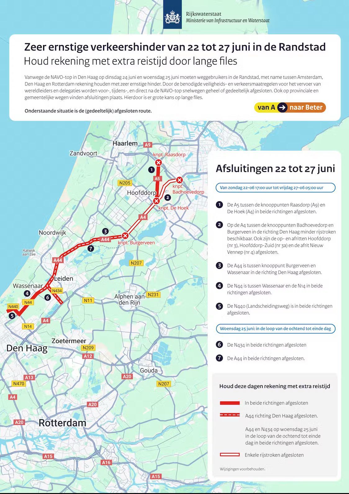 Kaart van Nederland met een rood gemarkeerde route, waarschijnlijk een wegafsluiting of omleiding vanwege een wielerevenement.