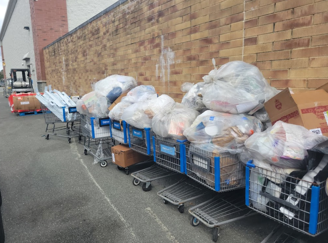 Shopping carts filled with bagged items sit outside a brick building. A forklift with boxes is on the left.