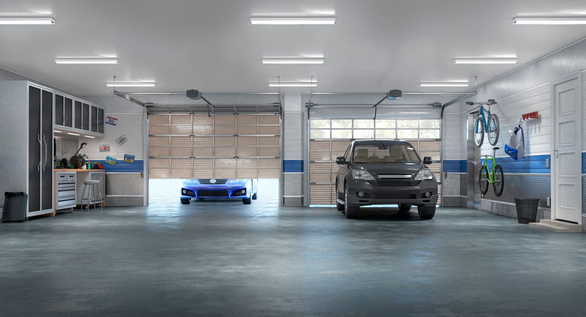 A car is parked in a garage with a garage door open.