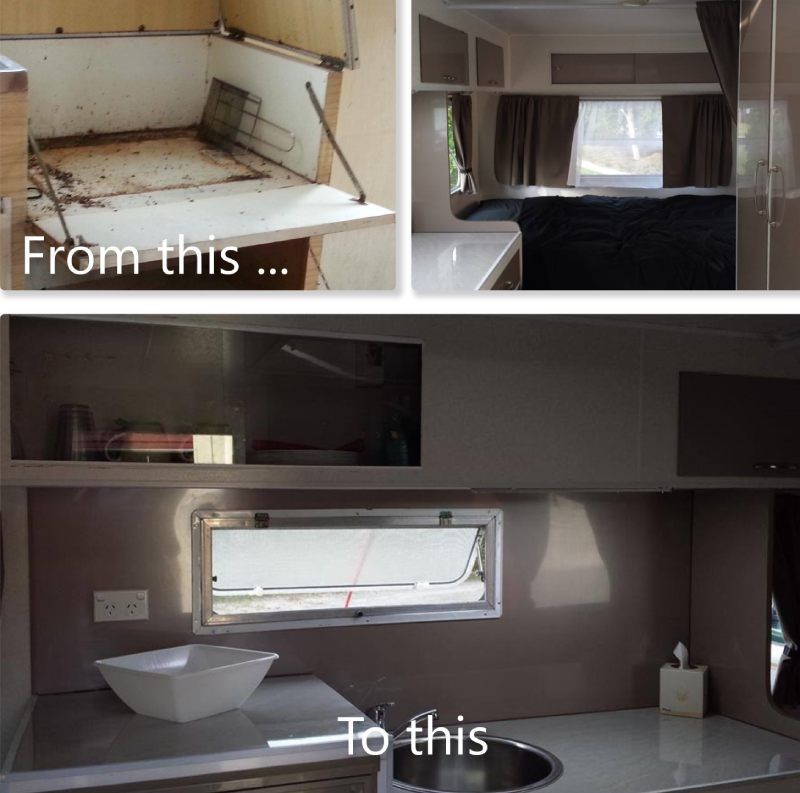 before and after image of interior caravan