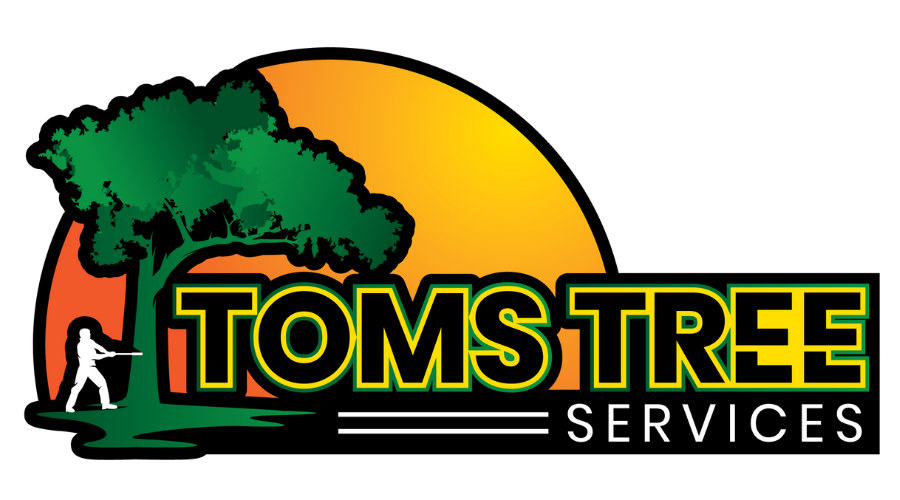 The logo for tomstree services shows a man cutting a tree.