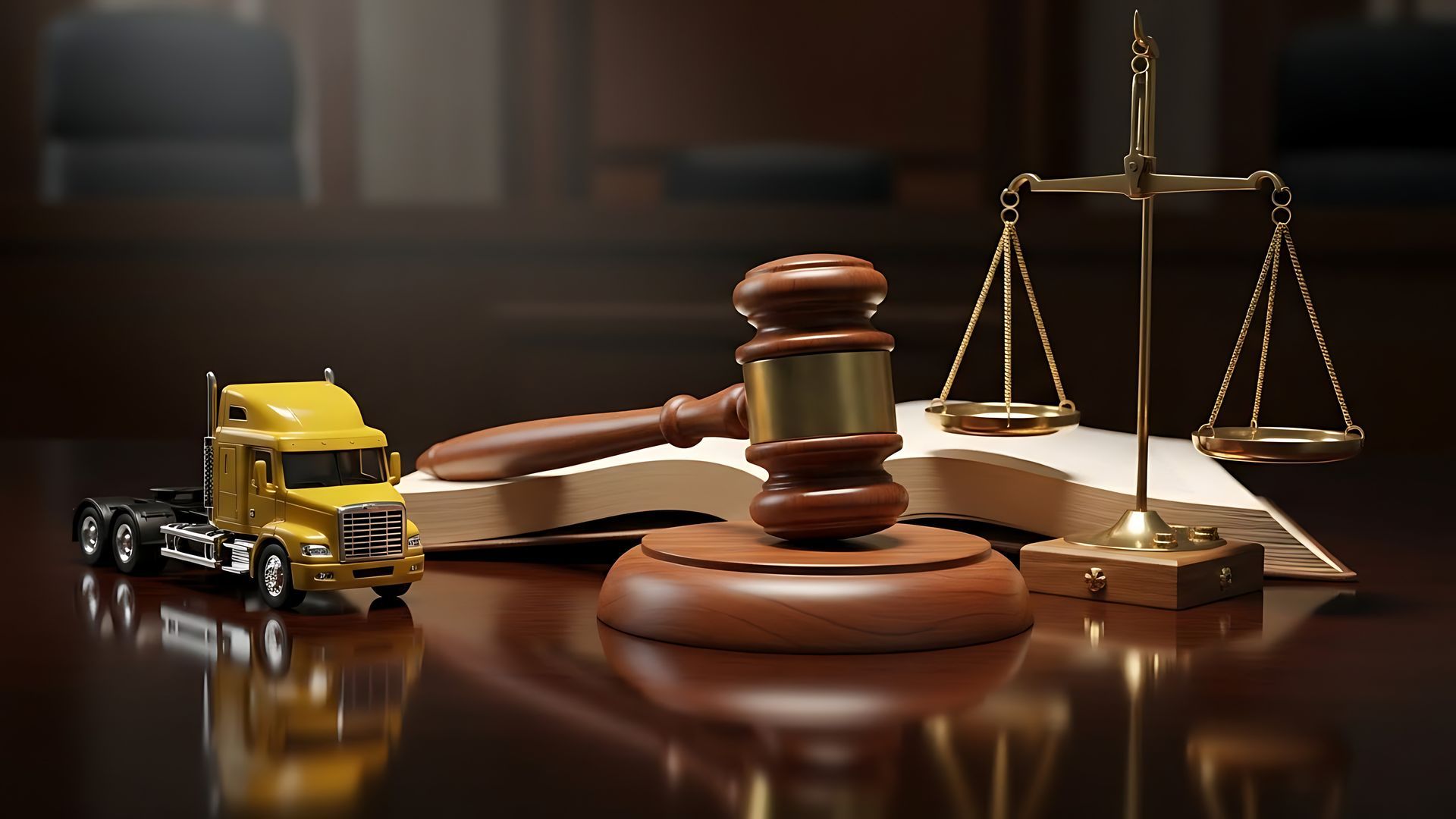Truck, gavel, justice scale
