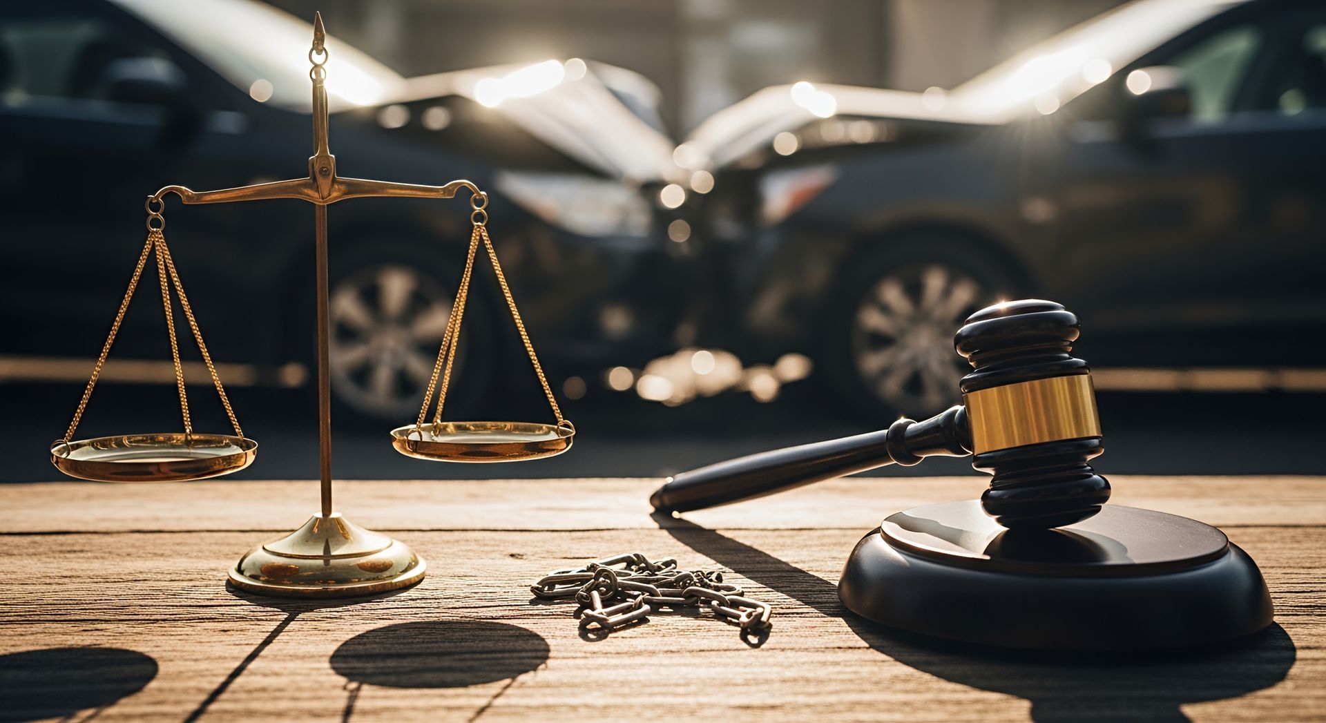 Car accident attorney scales of justice and gavel in front of two crashed cars
