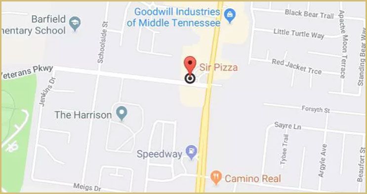 Map showing a red location pin near Siri Pizza and Speedway along Camino Real.