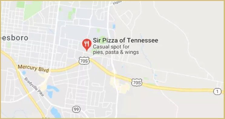 Map showing Sir Pizza of Tennessee restaurant marked near local roads and neighborhoods.