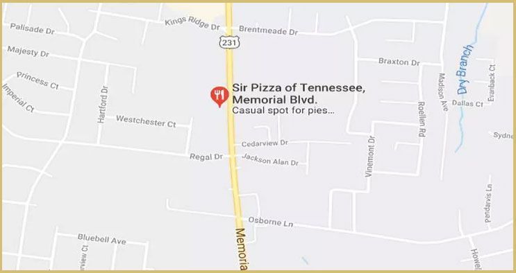 Map showing Sir Pizza of Tennessee on Memorial Blvd near a main road.