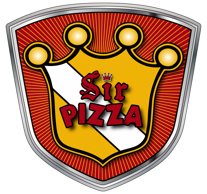 Sir Pizza logo in red, gold, and white shield with crown and stylized lettering