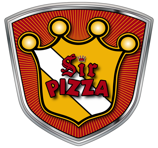 Sir Pizza logo in red, gold, and white shield with crown and stylized lettering