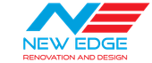 A blue and red logo for new edge renovation and design