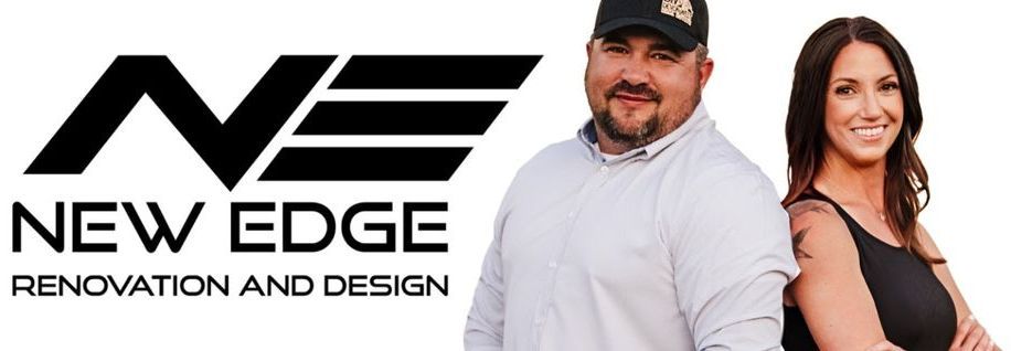 A man and a woman are standing next to each other in front of a new edge logo.