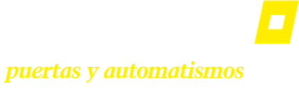 Logotipo con forma de “D” amarilla y texto “puertas y automatismos” en amarillo.