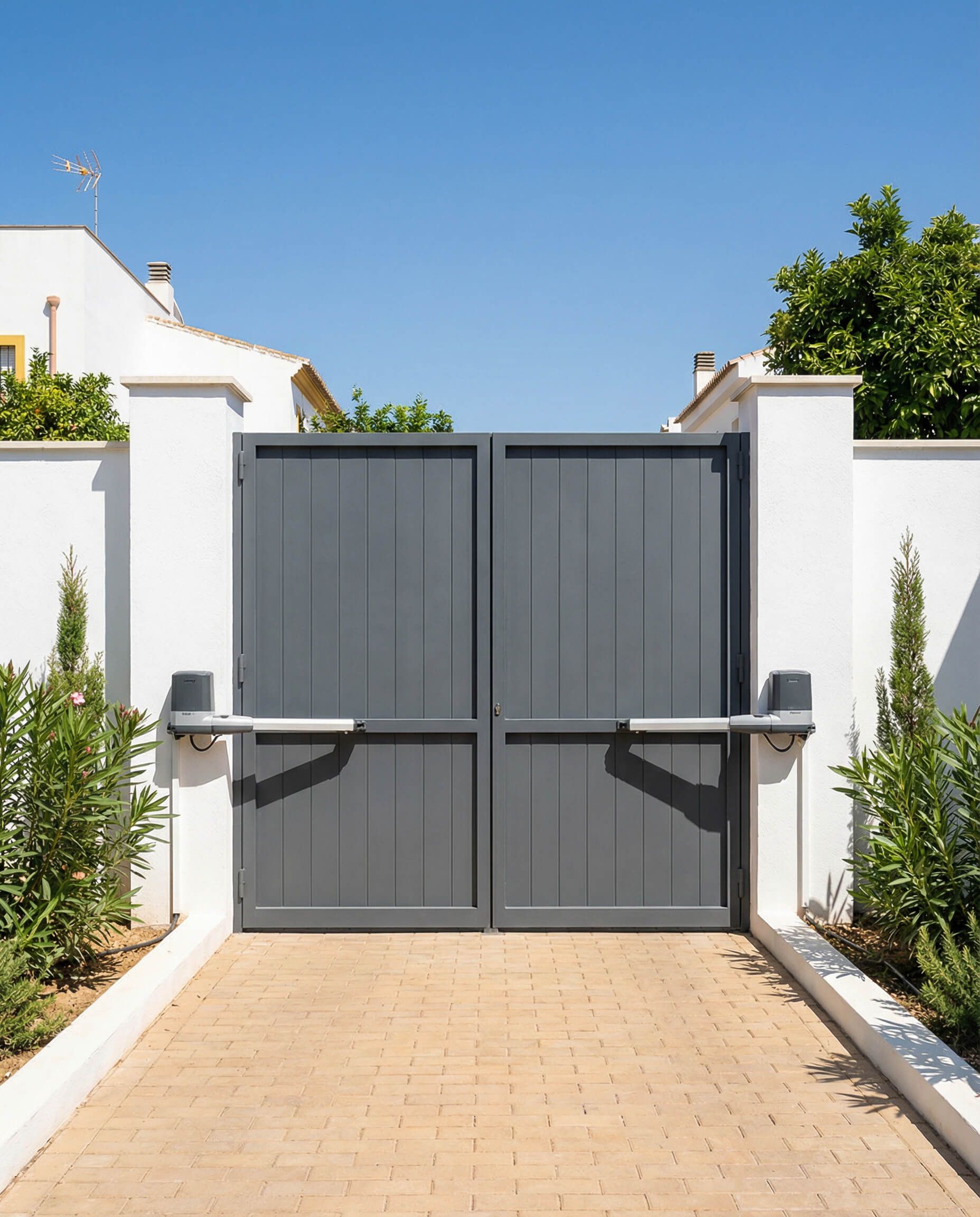 Portón doble gris con abre-puertas automáticos, emplazado en paredes blancas, con entrada de ladrillo.