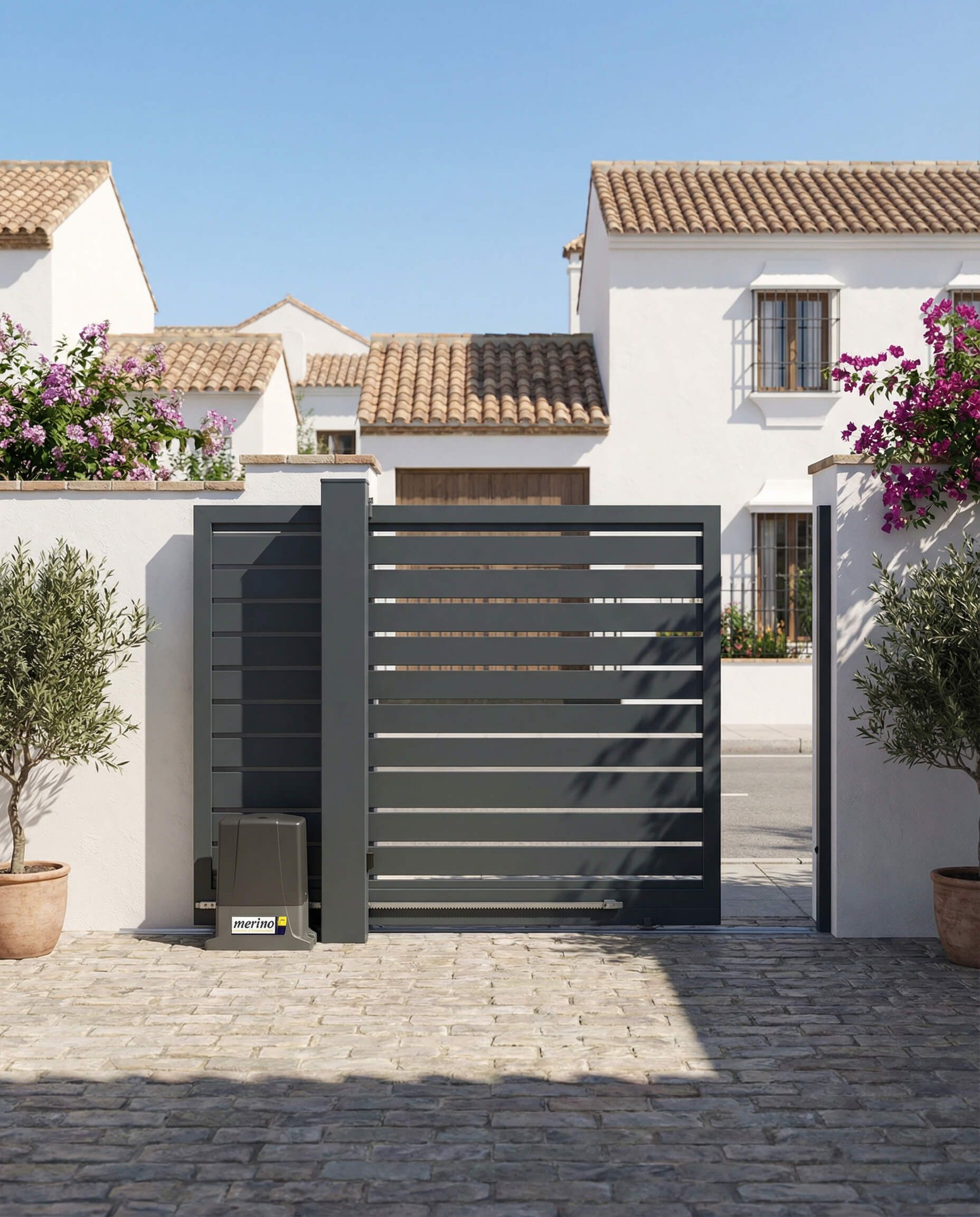 Puerta corrediza gris frente a una casa blanca con tejas marrones.