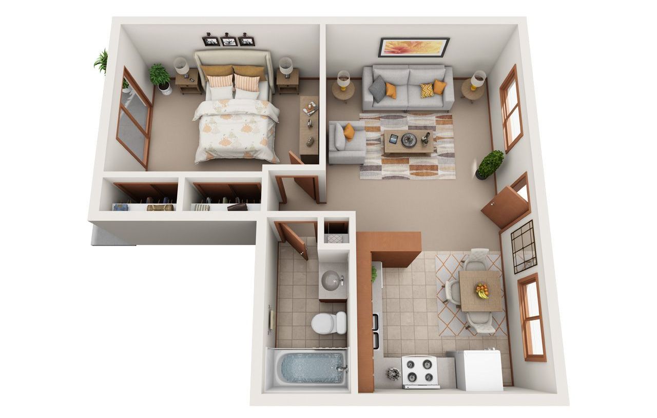 2 Bed 2 Bath Floor Plan with Carpet and Wood Flooring