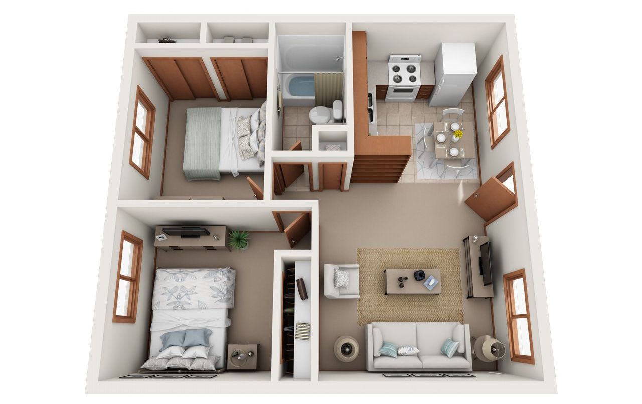 1 Bed Floor Plan with Carpet and Wood Flooring