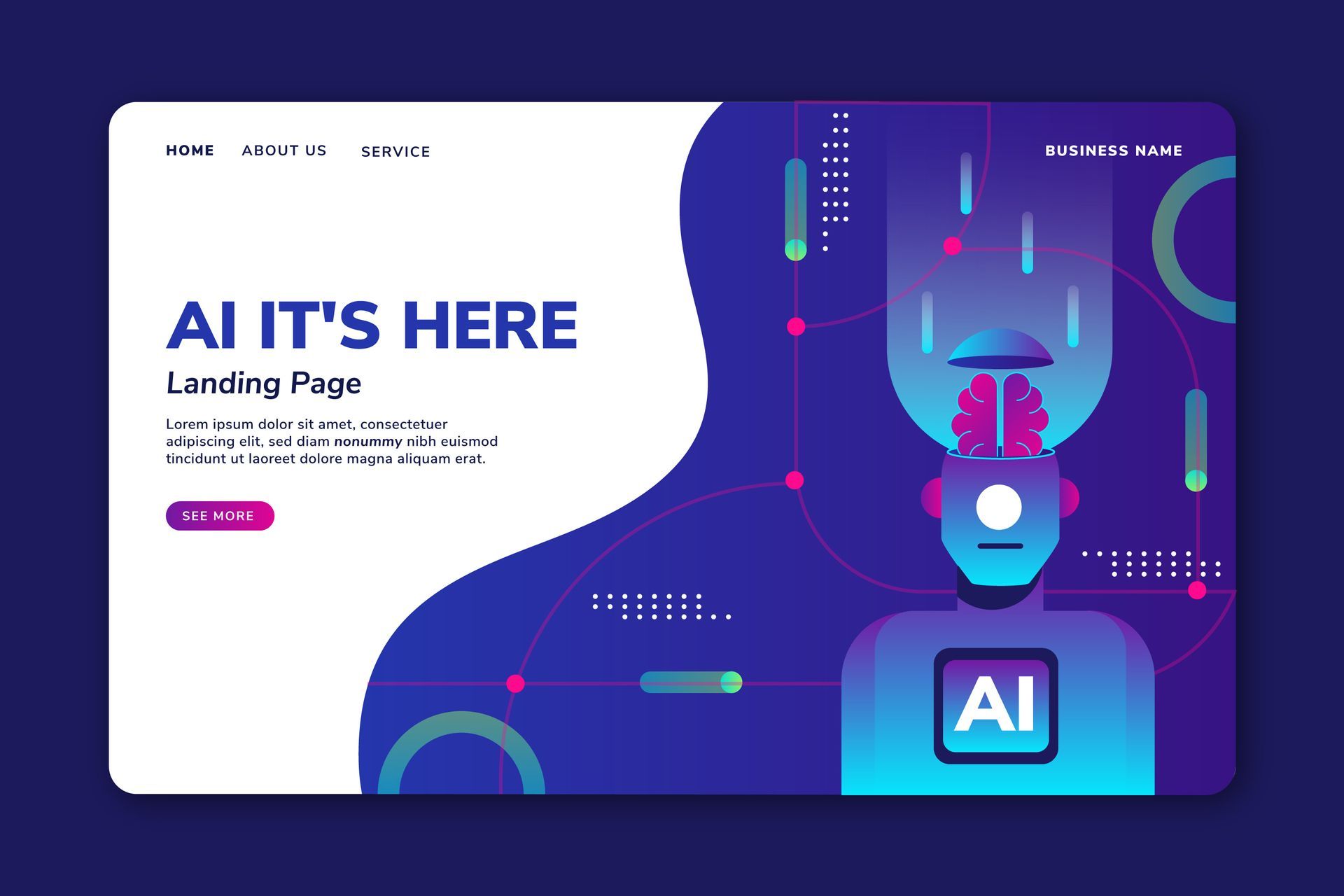 A landing page for a website with a robot and a brain on it.