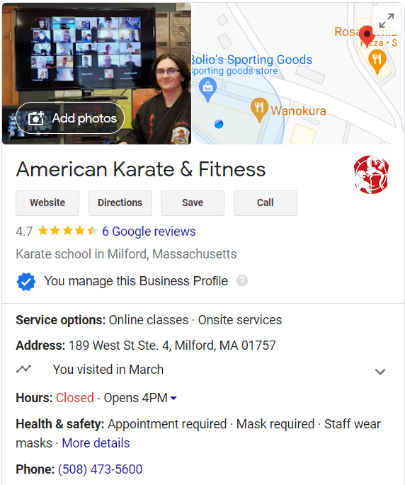 A google business profile for american karate and fitness