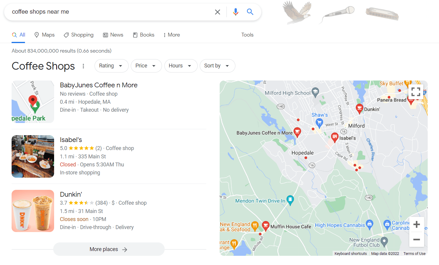 A screenshot of a google search for coffee shops.