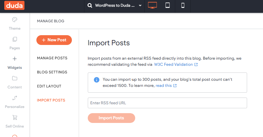 A screenshot of a website that says import posts