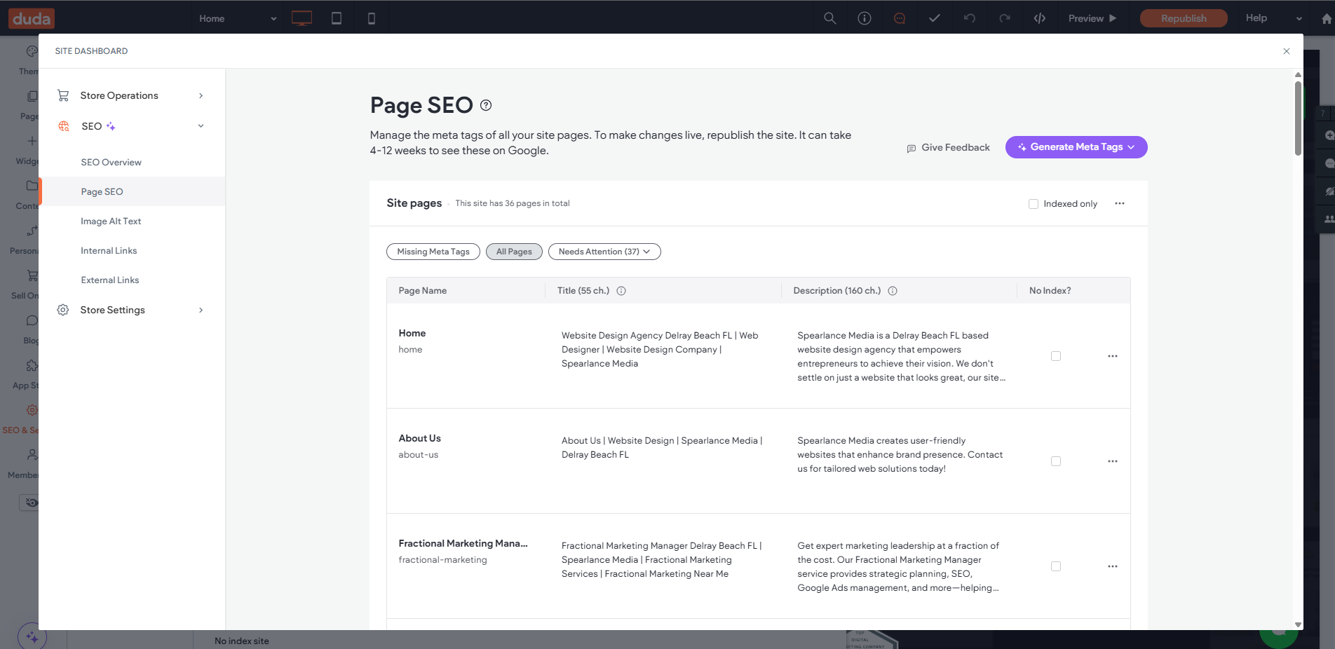 A computer screen is open to a page that says page seo.