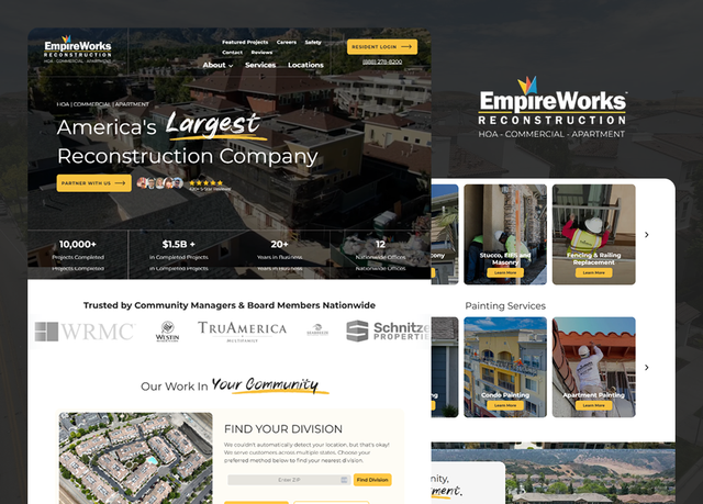 EmpireWorks Reconstruction website homepage, workers on a construction site.
