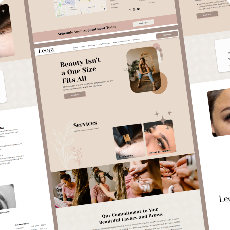A website for a beauty salon shows a woman getting her eyelashes done